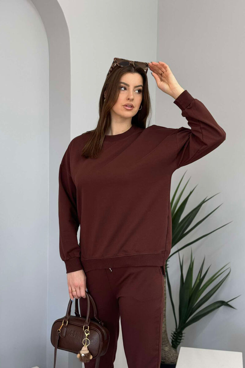 ONE COLOR SIMPLE SWEATSHIRT+JOGGERS WOMEN SET BROWN/KAFE - 2