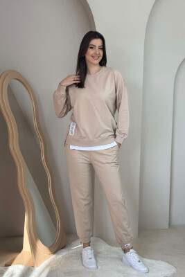 ZIPPER DETAIL SWEATSHIRT+JOGGERS WOMEN SET BEIGE/BEZHE 