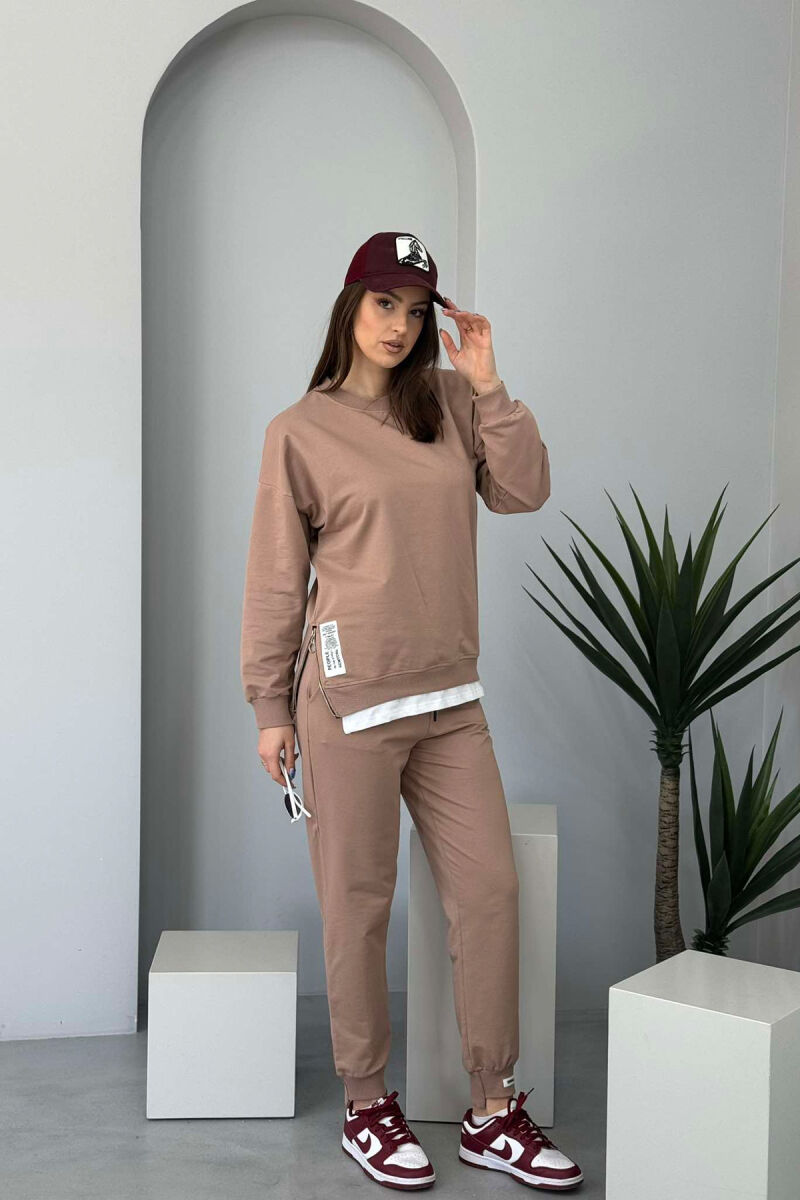 ZIPPER DETAIL SWEATSHIRT+JOGGERS WOMEN SET DARK BEIGE/BEZHE ERRET - 1